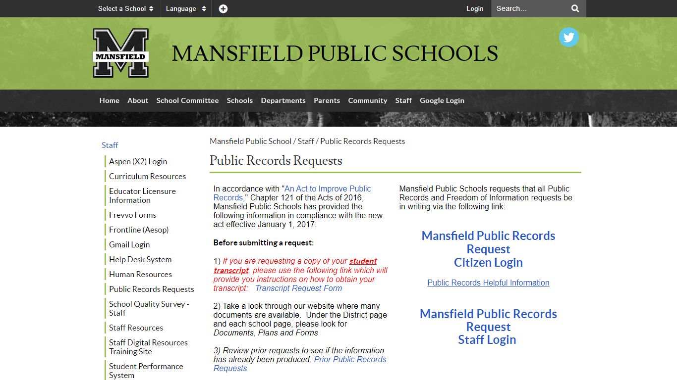 Public Records Requests - Mansfield Public School